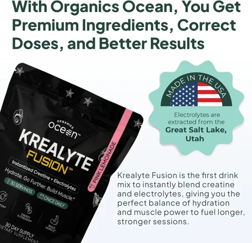 Vista 3 de Organics Ocean Krealyte Fusion - Monohidrato de creatina instantánea en polvo con electrolitos - Fuerza muscular, resistencia e hidratación