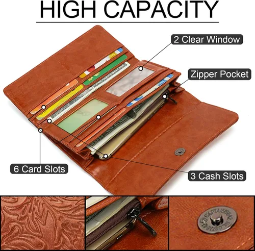 Vista 2 de MEITRUE Cartera de cuero para mujer, con bloqueo RFID, triple pliegue, con relieve, soporte para tarjetas, organizador de chequera para teléfono