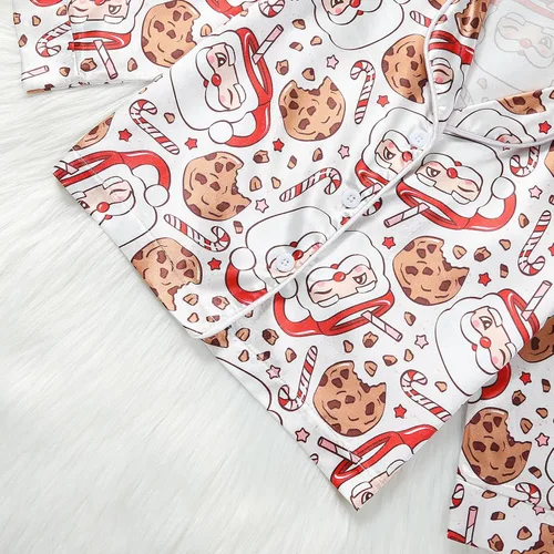 Vista 5 de BULINGNA Conjunto de pijama de dos piezas de Navidad para niños y niñas pequeñas, pijama de satén con diseño de galleta de Papá Noel y pantalones