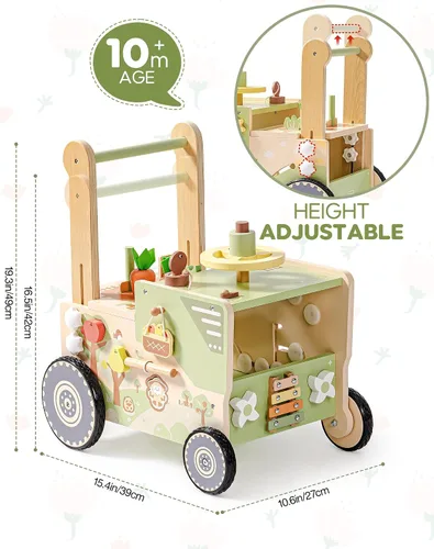 Vista 3 de ROBOTIME Juguete de madera para niños pequeños, andador de empuje para bebés con ruedas, centro de actividades con temática de granja para niñas
