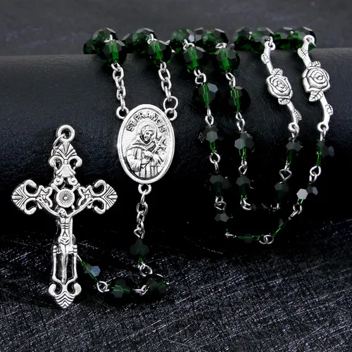 Vista 14 de KOMI Rosario de cuentas católicas para mujer, collar de cuentas de rosario con cruz de crucifijo, perlas de cristal, rosario, rosarios, católicos