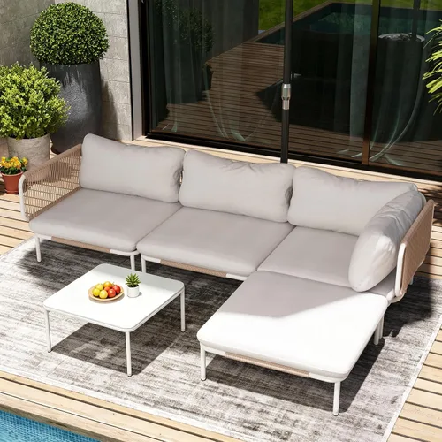 Vista 11 de Sofá modular moderno de 5 piezas para exteriores con mesa auxiliar, juego de conversación de patio de 31 pulgadas, resistente a la intemperie Gris