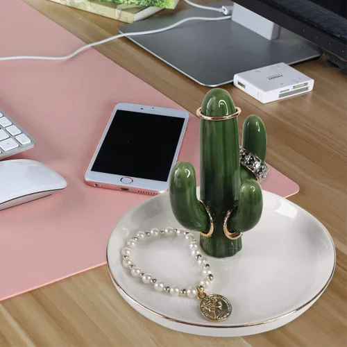 Vista 7 de AUTOARK Bandeja de joyería con soporte de anillo de cactus, AJ-206 Borde dorado