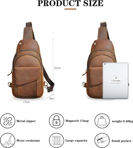 Vista 2 de Caballo loco grueso cuero triángulo Crossbody Sling bolsa de pecho viaje un bolso de hombro Daypack para hombres hombres 3028
