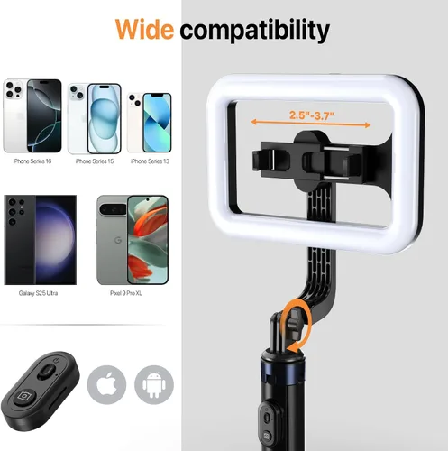 Vista 3 de M MYBAT PRO Luz selfie de 9 pulgadas para exteriores – Soporte de trípode extensible de 72 pulgadas con base de 4 patas, luces LED regulables