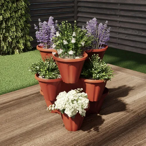 Vista 6 de Torre de macetas apilables, juego de 3 macetas verticales apilables de plástico para hierbas y flores para interiores y exteriores Pure Garden