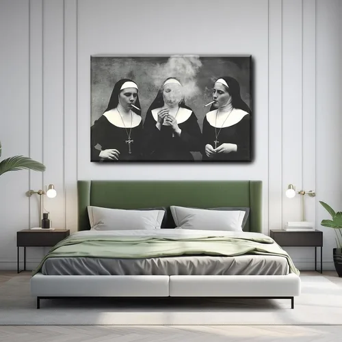 Vista 7 de Black and White Nuns Smoking Wall Art Wall Art Funky Aesthetic Prints Women Portrait Painting Vintage Trendy Wall Art Modern Smoking Nuns Print