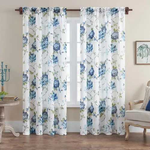Vista 2 de FOLKSIDE - Cortinas florales azules, 63 pulgadas de largo, juego de 2 paneles, bolsillo para barra, cortinas florales semitransparentes