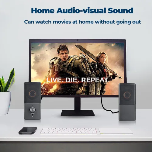 Vista 4 de ROSON Altavoz de computadora, altavoz de tamaño compacto con conector para auriculares, graves mejorados y control de volumen, altavoces multimedia