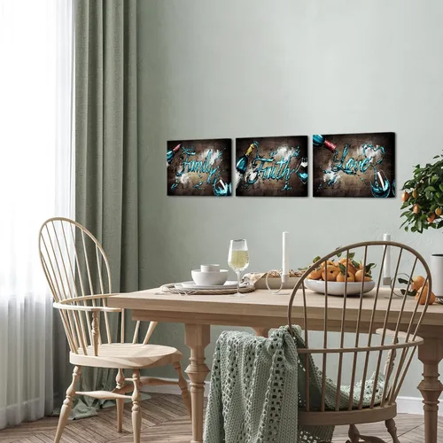 Vista 5 de Conipit 3 piezas de lienzo de copa de vino, arte de pared, fotos de vino, familia, fe, amor, impresiones artísticas vintage, pintura marrón verde