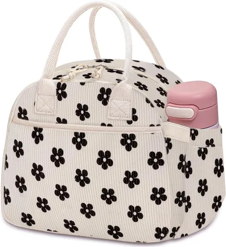 Vista 30 de Carry bloom Lonchera para mujer, lonchera aislada, bonita lonchera de pana reutilizable para el trabajo (1 rayas blancas y negras)