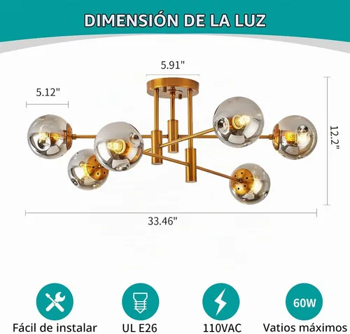 Vista 2 de DDLLDESHI Lámpara de araña de 6 luces dorada con cubierta esférica de vidrio Sputnik, lámpara de techo de 34" de gran tamaño para comedor, lámparas