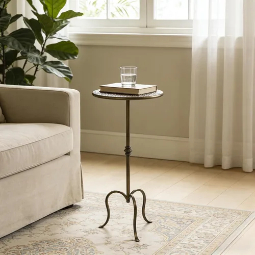 Vista 6 de Mesa auxiliar de metal, estilo Martini, mesa de centro vintage pequeña, redonda, 23 pulgadas, para sala de estar, dormitorio, antigua