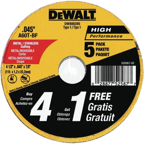 Vista 2 de DEWALT Disco de corte de 4-1/2 pulgadas, disco de corte de amoladora angular, uso general, paquete de 4 (DW8062B5)