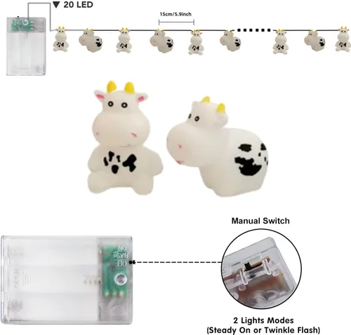 Vista 6 de Linda luz nocturna de vaca, de granja, con leche, vaca, funciona con pilas, 3M, 20 LED, decoración de hadas para niños, niñas, dormitorio
