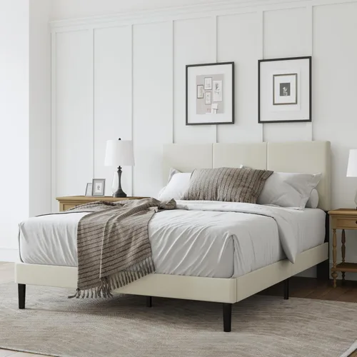 Vista 8 de Marco de cama tamaño completo con cabecero – Elegante marco de cama plataforma tapizado con canales verticales acolchados de servicio pesado