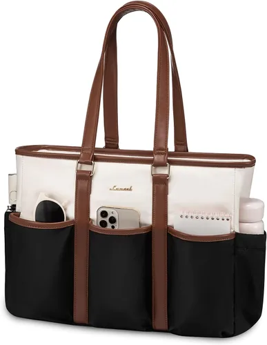 Vista 20 de LOVEVOOK bolso tote vintage para laptop para mujer, Beige-Negro, 15,6 pulg., Moda