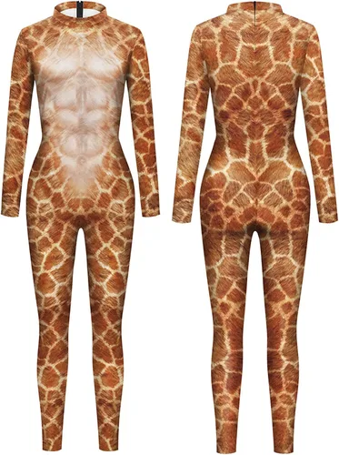 Vista 3 de SEAUR Body de Halloween con estampado 3D de animales para hombres, mujeres y adultos, cosplay, manga larga, con cremallera, disfraz