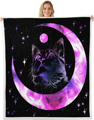 Vista 18 de Manfei Manta Kawaii con estampado de gato estrellado para niños y niñas, decoración de habitación de niños y niñas, manta negra Kawaii animal
