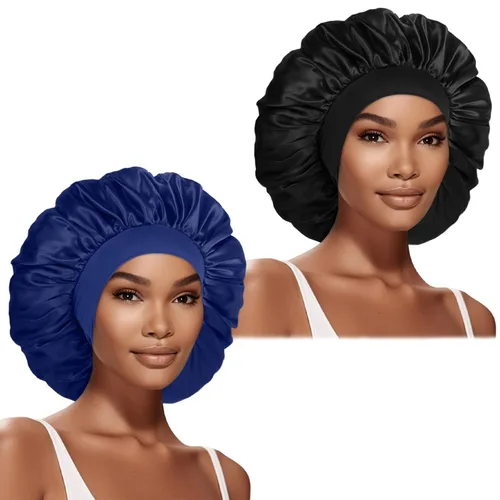 Vista 12 de 2 piezas de gorros de satén extra grandes para dormir de 17 pulgadas, gorro de seda jumbo para mujeres (negro y morado)