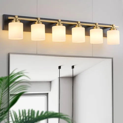 Vista 33 de 1 Luminaria Moderna de Baño sobre Espejo, Luces de Tocador Negro Dorado para Apliques de Pared de Baño con Pantallas de Vidrio Blanco Lechoso
