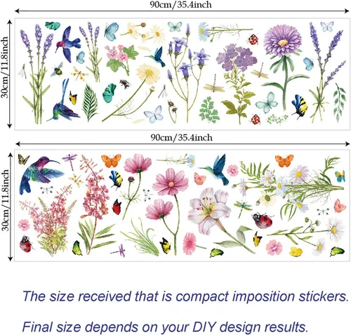 Vista 2 de Calcomanías de flores de primavera, crisantemos, lirio de lavanda, pájaros, mariposas, libélulas, mariquitas, calcomanías de pared florales