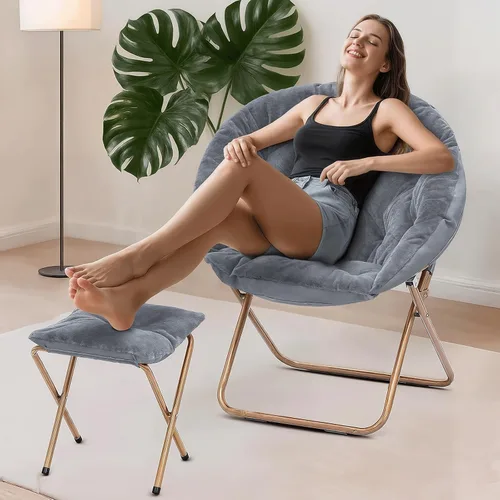 Vista 4 de Cómoda silla con platillo, silla de sala de estar, silla plegable acolchada suave de piel sintética, silla de luna cómoda para sala de estar