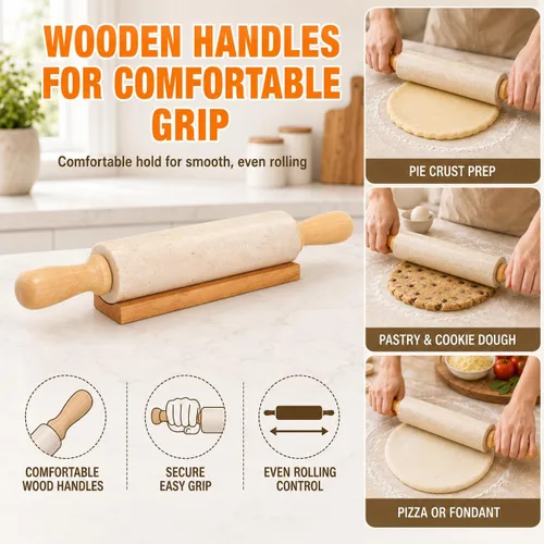 Vista 4 de Creative Home Rodillo de mármol de 18 pulgadas con asas de madera y cuna, se mantiene fresco de forma natural, piedra duradera para un control