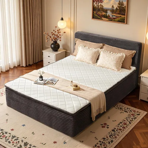 Vista 19 de Base de cama matrimonial sin hueso con cabecera de colchón, cama sin Beige