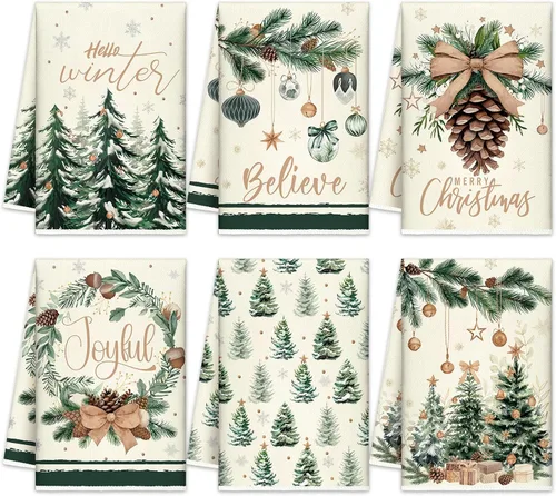 Vista 22 de FuWeave Toallas de Cocina Navideñas Beige Paños de Cocina con Árbol Navideño Toallas de Mano Decorativas Hello Winter Absorbentes Pelota de Guantes