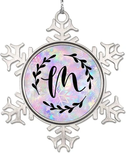 Vista 20 de Adorno de copo de nieve de letra A con inicial de copo de nieve, corona negra, adorno con monograma para decoración de árbol de Navidad, adornos