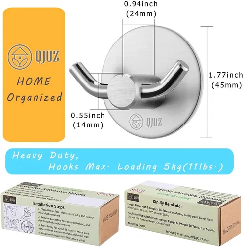 Vista 6 de QJUZ Gancho para bata de doble punta, ganchos adhesivos, ganchos de pared resistentes, ganchos para toallas de acero inoxidable, gancho de ducha