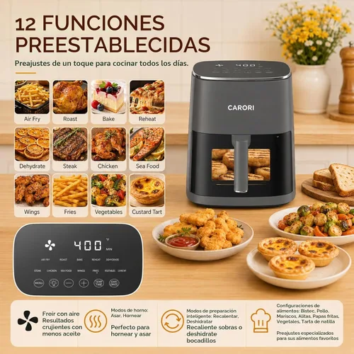 Vista 3 de CARORI Freidora de aire de 6 cuartos de galón con ventana de visión, 12 preajustes, 1700 W, 400 °F máximo, cesta antiadherente grande apta
