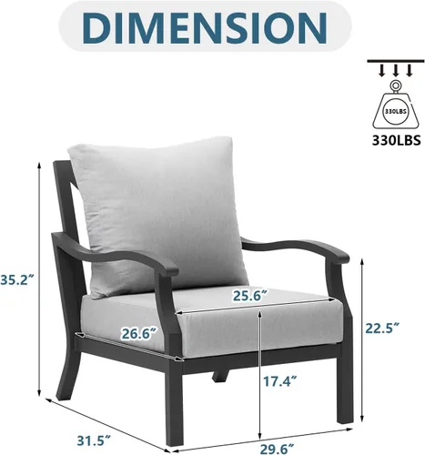 Vista 3 de Juego de muebles de patio al aire libre, juego de sofá para todo tipo de clima, 2 piezas, sofá individual con cojines gruesos, sillones de aluminio