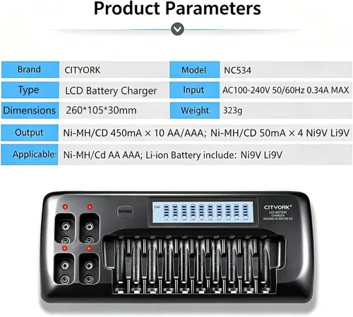 Vista 8 de CITYORK Cargador de batería AA AAA 9V de 10+4 bahías, pantalla LCD inteligente con función de descarga, 10 bahías para baterías recargables AA/AAA
