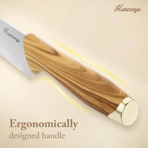 Vista 6 de Juego de cuchillos de cocina con afilador, juego de cuchillos de acero inoxidable alemán dorado con bloque y mango ergonómico de grano de madera