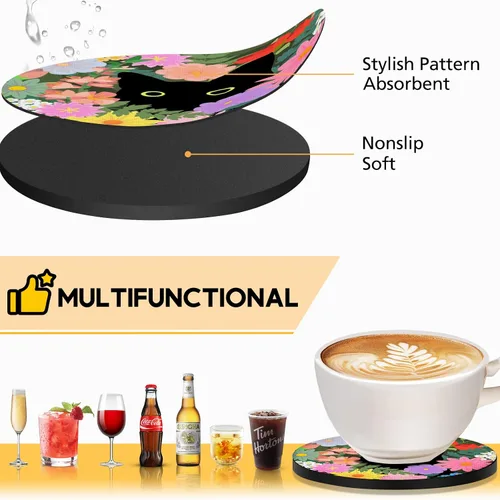 Vista 3 de Swooflia Posavasos para bebidas, mesa de café, diseño de gato negro, lindo colorido de silicona, absorbente, juego de posavasos para inauguración