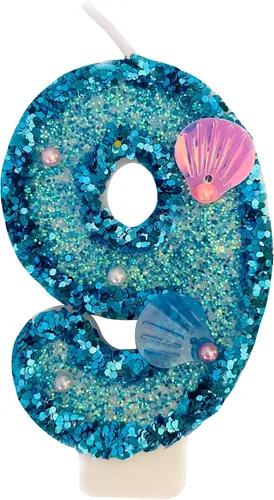 Vista 17 de Vela de número azul, velas de número con lentejuelas en forma de concha para pasteles de cumpleaños, suministros para fiestas con temática