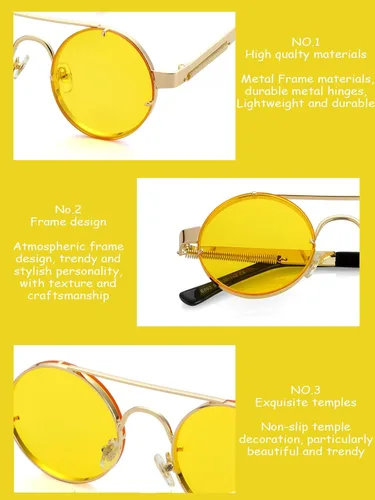 Vista 5 de Onrtry Gafas de sol redondas Steampunk para hombres y mujeres John Lennon Hippie con marco de metal