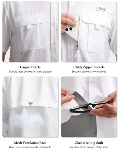 Vista 4 de Pudolla Camisas de pesca para hombre, camisas de trabajo de viaje de manga corta, camisas de verano con botones para hombres UPF50+ con bolsillos