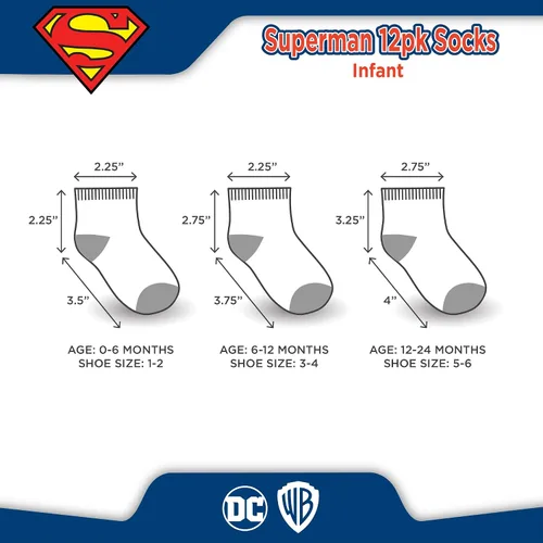 Vista 5 de DC Comics Calcetines para bebés niños y niñas, paquete de 12 calcetines de Batman, Wonder Woman, Superman, Liga de la Justicia, Super Girl (0-24M)