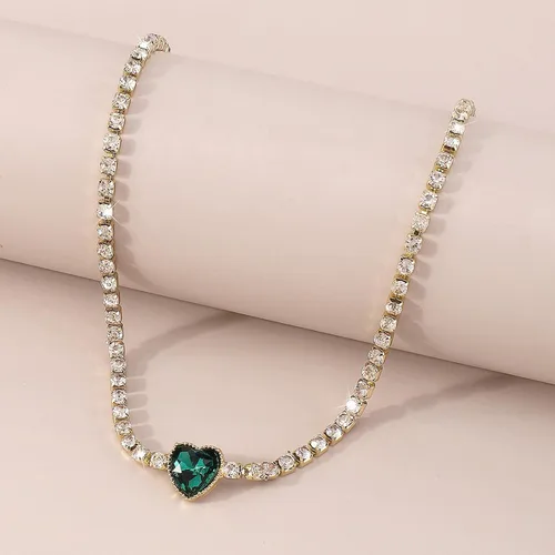 Vista 4 de Collar de tenis de cristal con forma de corazón, gargantilla de corazón de cristal verde, gargantilla de tenis con diamantes de imitación