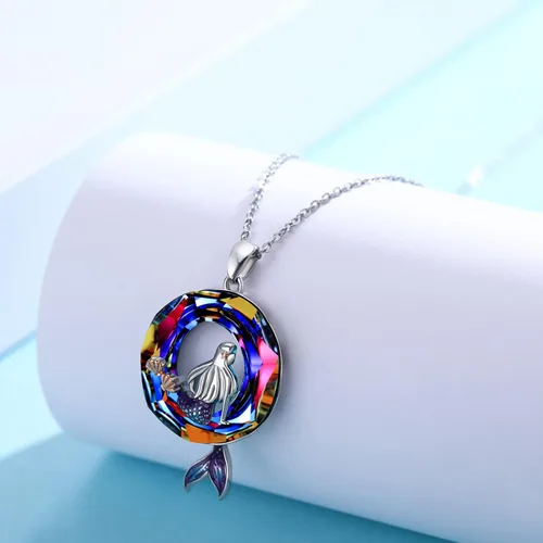 Vista 4 de Collares de sirena de forma redonda con dije de océano de cristal, delicado collar de plata de ley con estrellas de mar y playa, lindos regalos