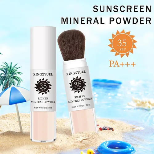 Vista 8 de Polvo de ajuste de protector solar mineral para cara y cuero cabelludo, SPF 35 polvo mineral cepillo protector solar control de aceite acabado mate
