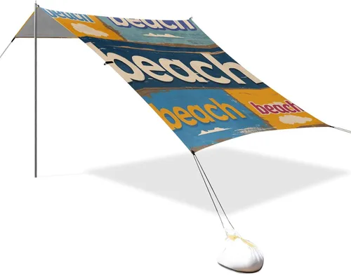 Vista 2 de Póster vintage de playa plegable para playa, protección UPF50+, impermeable, sombra refugio solar con bolsas de arena, pala de arena, postes