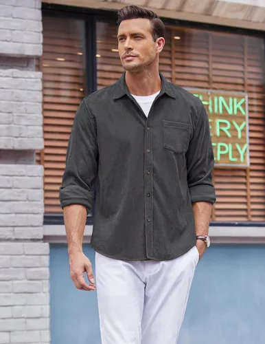 Vista 3 de COOFANDY Camisa de pana para hombre, casual, de manga larga, con botones, ligera, con textura de otoño