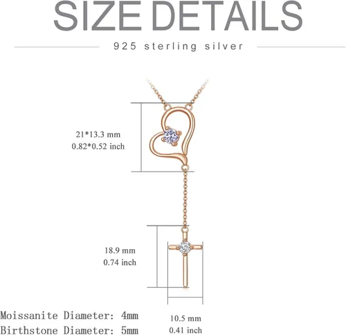 Vista 4 de DIYA Moissanite Diamond Heart Necklace for Women, 18K Rose Gold Plated 925 Sterling Silver Moissanite Birthstone Cross Necklace Lariat Necklace