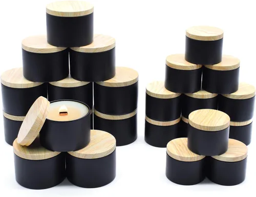 Vista 20 de Paquete de 12 tarros de velas, latas de velas de 4 onzas con tapas de impresión de grano de madera de metal, tarros de velas de metal vacíos