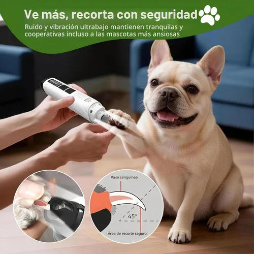 Vista 4 de Molinillo de uñas para perro, 4 velocidades, recargable, silencioso, eléctrico, recortador de uñas para mascotas con luces LED duales, protector