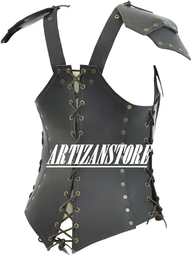 Vista 2 de ARTIZANSTORE Corsé medieval de cuero para mujer con pauldron, armadura de cuero para LARP y cosplay, negro, adulto